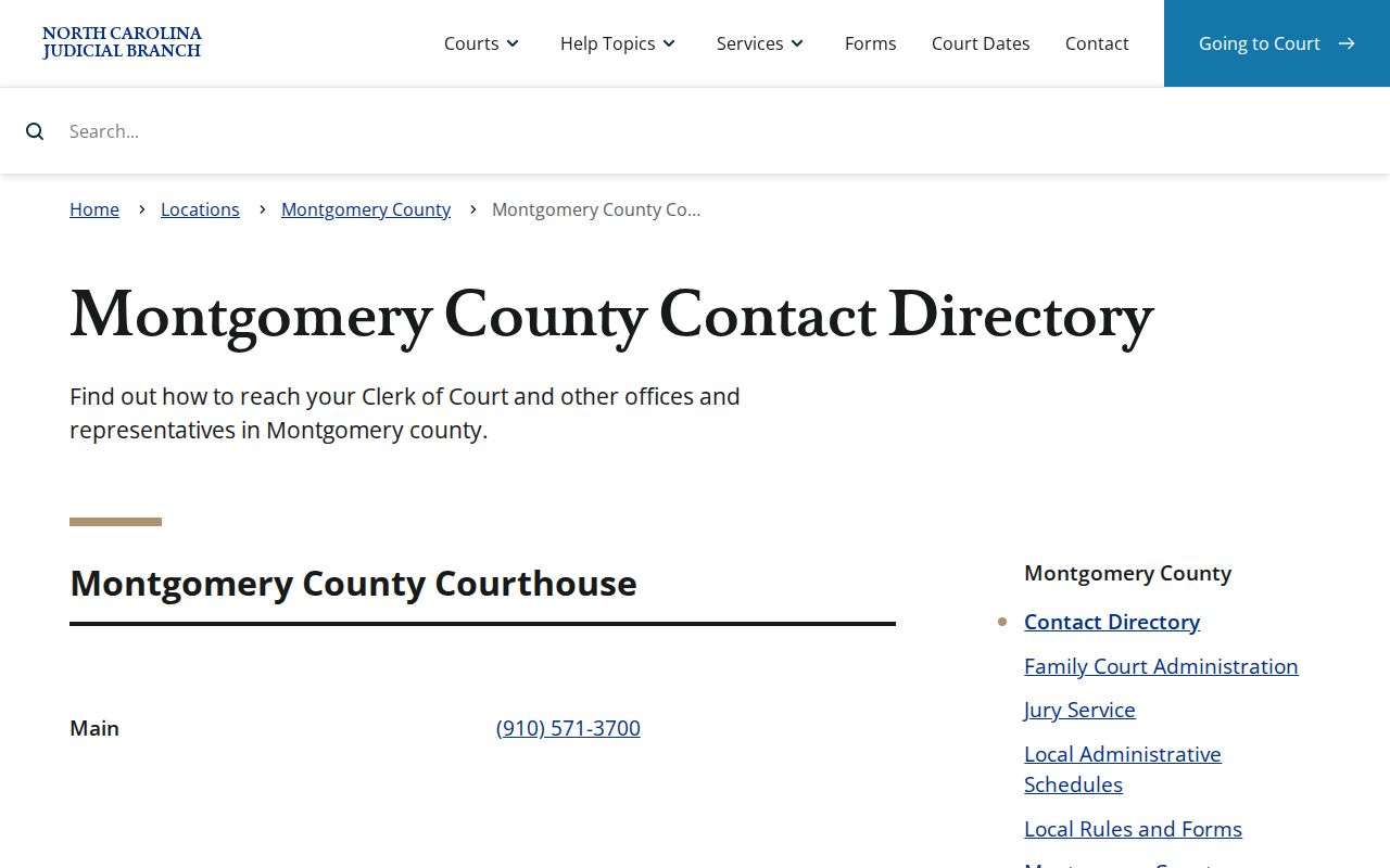 North Carolina Judicial Branch Montgomery County court contact directory for arrest records